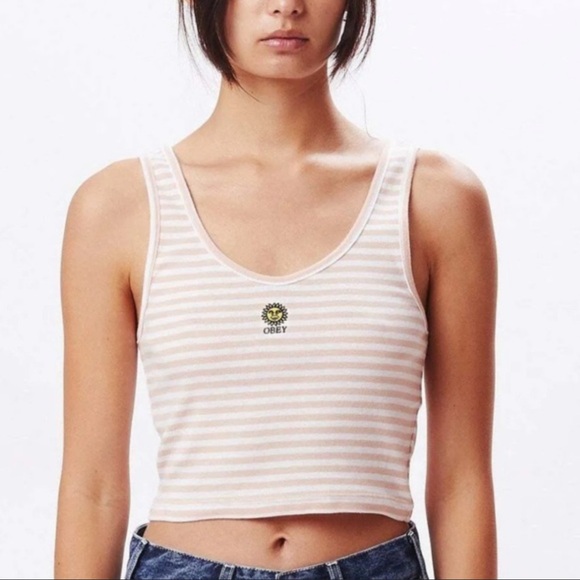 Obey Tops - Obey Women’s Lightweight Sunny Stripe Crop Tank with Sun Embroidery Size Medium